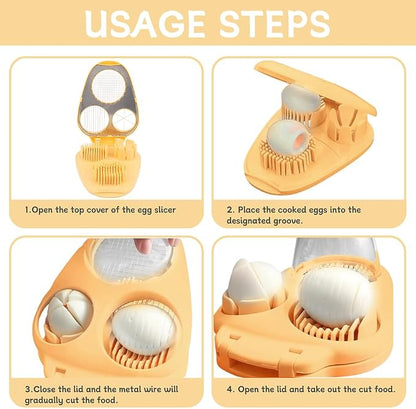 3-in-1 Egg Slicer for Hard Boiled Eggs, Stainless Steel Wire Egg Cutter with ABS Frame, Multi-Functional Kitchen Gadget for Slicing Strawberries, Bananas, Mushrooms & Cheese(Yellow)