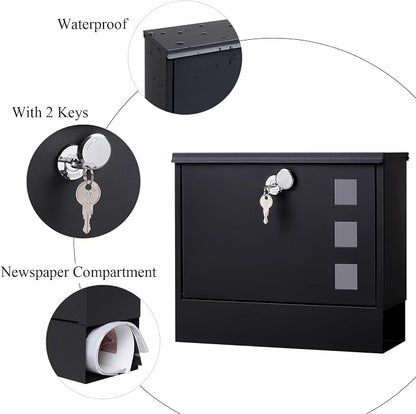 Locking Mailbox Wall Mount for Outside– Jssmst Mailboxes with Key Lock for Front Door Fence, Large Capacity Letter Box, 14.3 x 4.1 x 11.8 Inch, Black, SM-HPB911BN