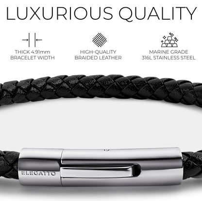 Elegatto Elagio Premium Braided Leather Bracelet for Men | Full-Grain Braided Leather with Sterling Silver Polished Stainless Steel Clasp | Men’s Designer Bracelets | Small