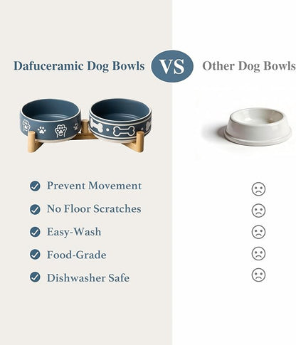 Dafuceramic Dog Bowls Set with Stand, 1.5 Cups Ceramic Puppy Bowls for Dogs, Dual Dog Food and Water Bowls with Bone Pattern,Weighted Non-Slip Base (S-1.5 Cups)