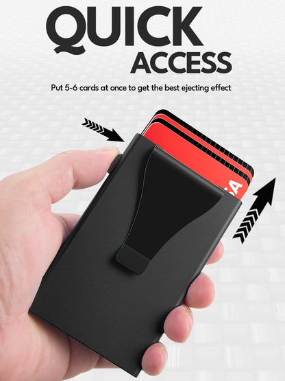 Slim Wallet for Men, Pop Up Card Holder Wallet RFID Blocking, Minimalist Metal Bussiness Credit Card Wallet with Money Clip & Pockets, Aluminum Thin Front Pocket Wallet (Black)