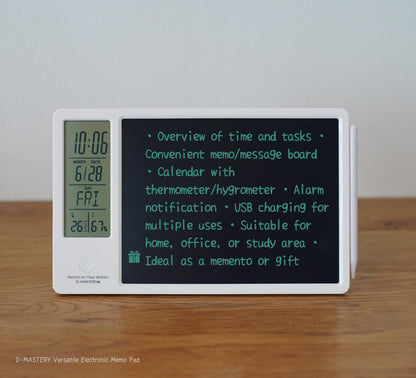 Rechargeable Electronic Memo Pad with LCD Message Board, Thermometer, Hygrometer, Alarm Clock & Desk Calendar – Includes Stand & Magnetic Pen, Ideal for Office Desk or Gift (White)