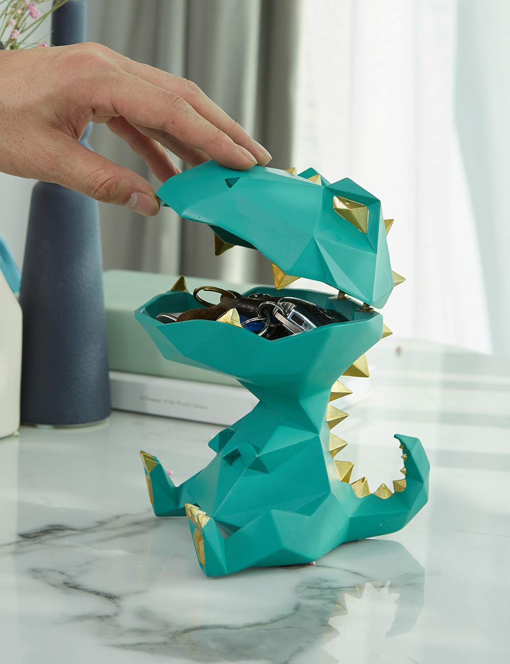 HAUCOZE Dinosaur Candy Dish Cookie Jar Storage Statue Modern Home Decor Sculpture Table Centerpiece Gift for Living Room Green 7.5 Inch