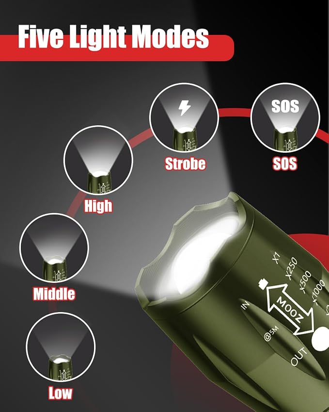 Victoper LED Flashlight 2 Pack Green, Bright Tactical Torch High Lumens 5 Modes, Waterproof Zoomable Flash Light for Outdoor, Birthday Gifts for Men, Dorm Room Hiking Camping Essentials Gear for Guys