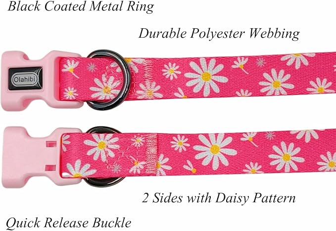Dog Collar Leash Set, Floral Pattern, Polyester Material, Adjustable Collar and 5ft Matching Leash, for Small Dogs.(S, Pink Daisy)