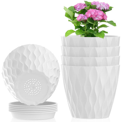 Meowell 6 inch Flower Pots, 5 Pack Plant Pots for Indoor Outdoor Plants, Water Ripples Plastic Planters with Drainage Holes and Saucers, Nursery Pots for Small Succulent Garden House Plants, White