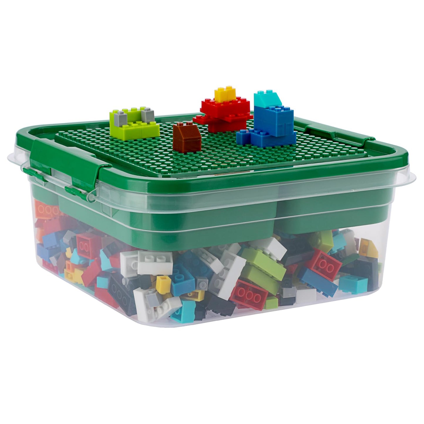 OGANAZI Toy Organizer with Bricks Baseplate Lid for Building Blocks, Bricks Building Set Organization Bin with Compartments Tray, Stackable Storage Box Building Block Chest Case (Green)