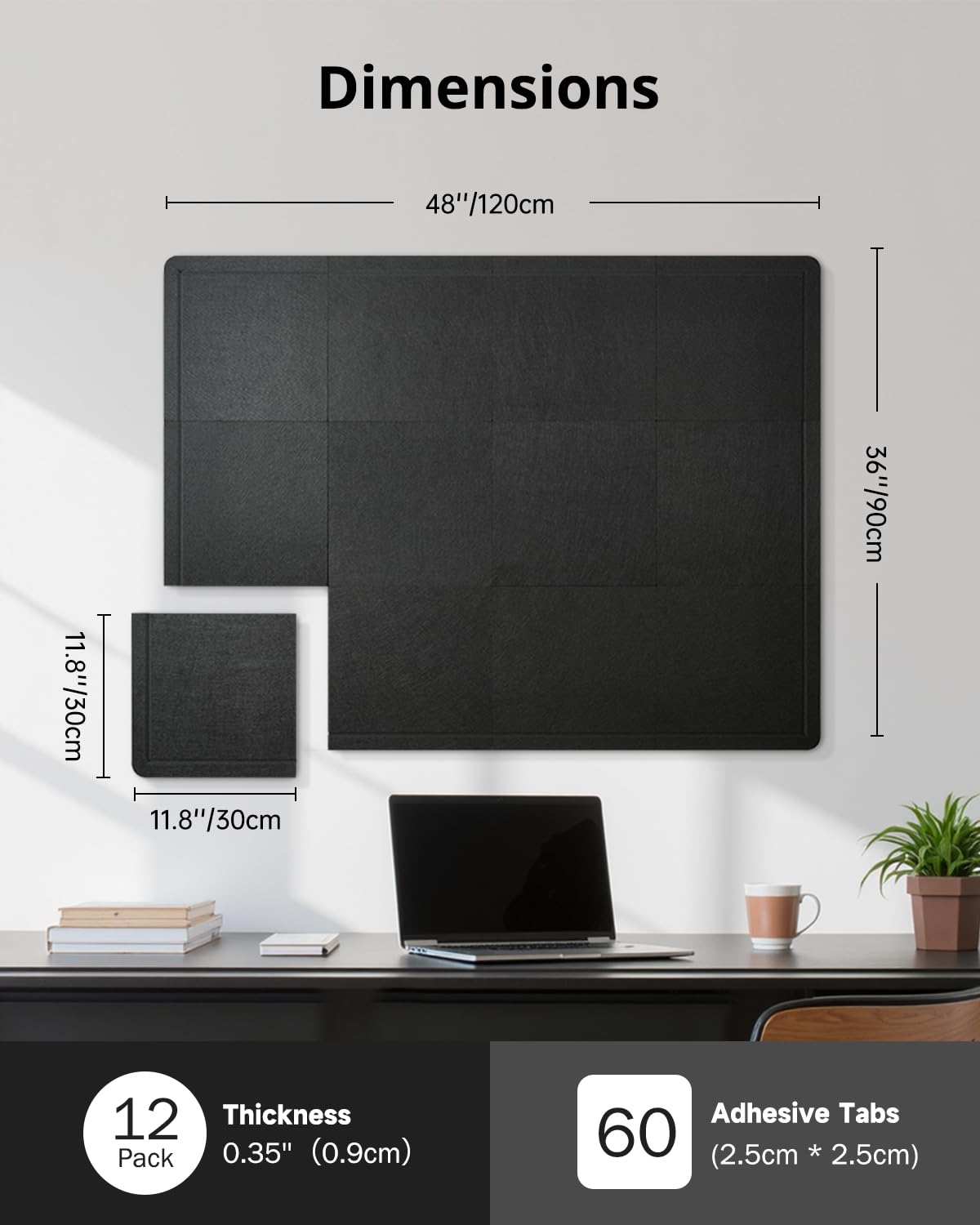 Woovio Bulletin Board, 48 x 36 inches Cork Board Alternative, 12 Pack 12"X12"X0.4" Felt Pin Boards for Walls Home Office Decor, Classroom with 60 Adhesive Tabs Black