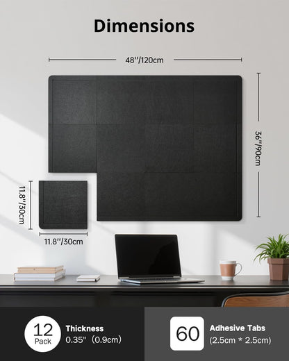 Woovio Bulletin Board, 48 x 36 inches Cork Board Alternative, 12 Pack 12"X12"X0.4" Felt Pin Boards for Walls Home Office Decor, Classroom with 60 Adhesive Tabs Black