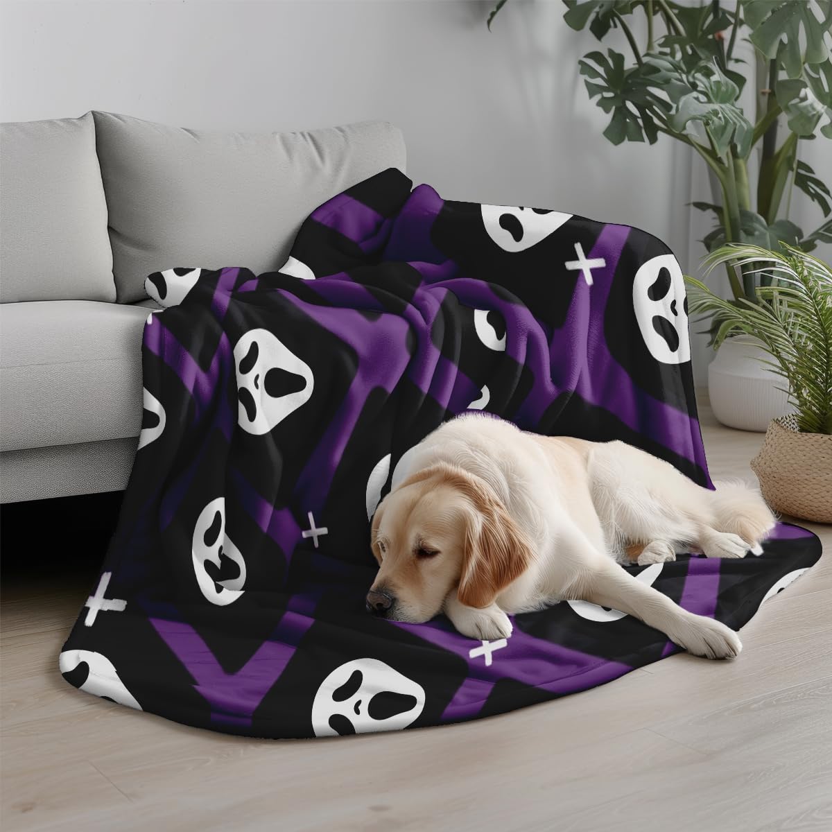 Halloween Spooky Face Blanket, Purple and Black, Soft Ghost Throw for Travel, Office, Home (60" x 50")