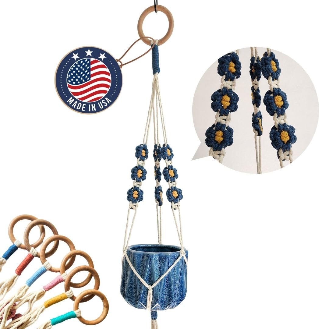 Macrame plant hanger with Daisies | Hanging plant holder | Macrame Plant hangers outdoor and indoor hanging planters Plant stand indoor Boho Decor hanging planter stand/plant shelf (Peacock Blue)