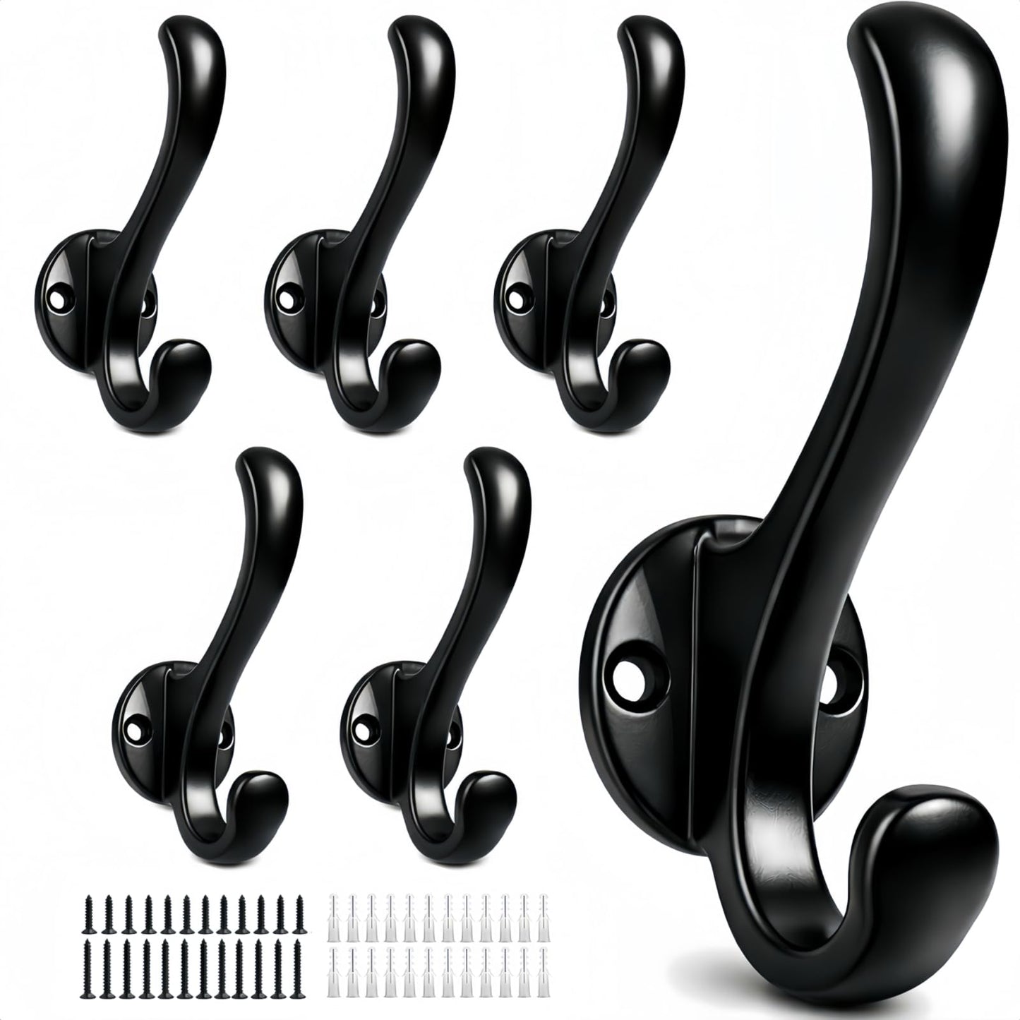 Sprinello 6 Pack Coat Hooks Wall Mount, Heavy Duty Wall Hooks for Hanging Coats, Towel, Hat and Robe, Black Metal Wall Hooks for Bathroom, Entryway, Bedroom