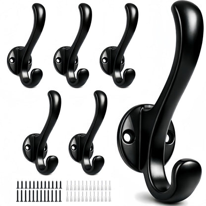 Sprinello 6 Pack Coat Hooks Wall Mount, Heavy Duty Wall Hooks for Hanging Coats, Towel, Hat and Robe, Black Metal Wall Hooks for Bathroom, Entryway, Bedroom
