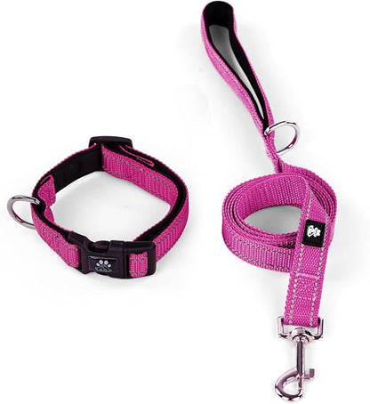 IVY&LANE Reflective Dog Collar and Leash Set,Adjustable Neoprene Padded Dog Collars, Breathable Nylon Pet Collar for Small Medium Large Dogs (Large,Fuchsia Pink)