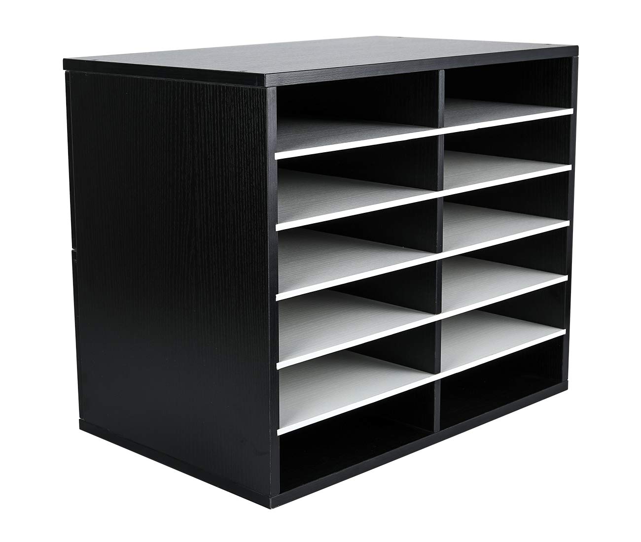 EasyPAG 12 Compartments Wooden Literature Organizer with Adjustable Shelves, 6000 Sheets Capacity Paper Organizer, Classroom Mailbox and Mail Sorter for Teachers and Office, Black/White