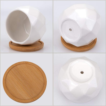 Jucoan 6 Pack Ceramic Succulent Planter Pot with Bamboo Tray, 4 Inch Small White Diamond Shaped Cactus Herb Flowers Planter with Drainage Hole for Indoor Home Office Decor