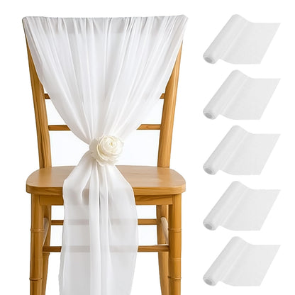 5PCS RAINFLOW White Chair Sashes - Wedding Aisle Decorations Long 19.6IN x 7.8FT Tulle Venue Decoration for Banquet Chair Back Side Bridal Baby Shower Birthday Party