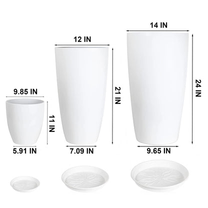 MinCHI257 24,21,11 Inch Large Plastic Planters with Drainage Hole and Saucer - Set of 3 Tall Plant Pots Indoor Flower Pot Tall Round Planters Outdoor Large Tall Planter