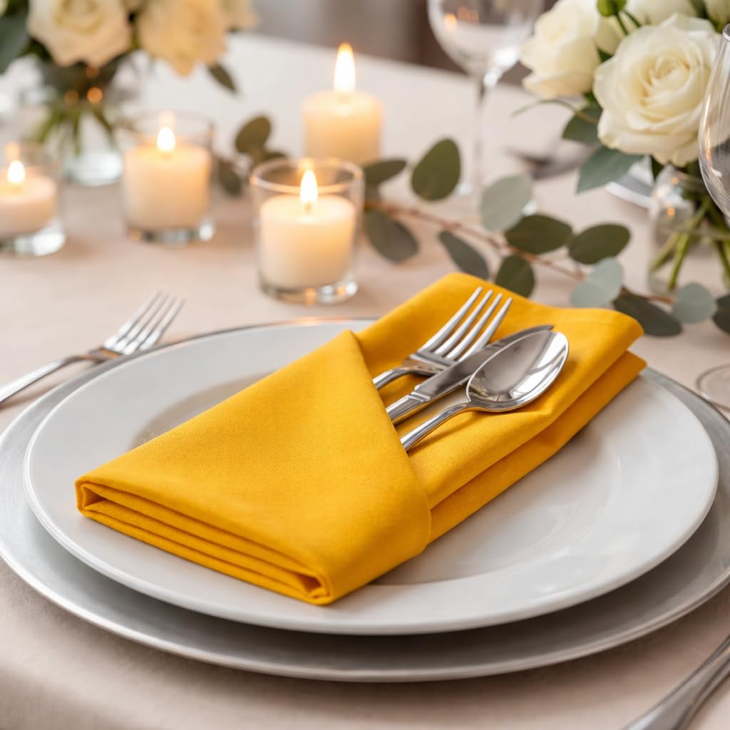 Palisa Mustard Polyester Cloth Dinner Napkins Pack of 12 | 18x18 Inch Reusable & Washable Table Linen Napkins for Everyday Use Wedding Parties Banquet & Hotel