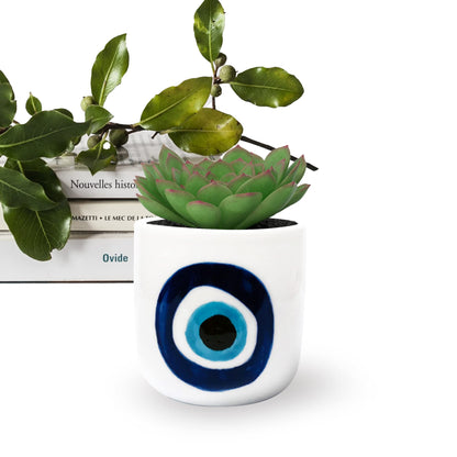 SLS SUPPLY FLORA - Modern Table Top Planter, Small Plant Pot for Home and Office, Hand-Painted Desk Planter, White Ceramic Pots for Plants and Succulents, Evil Eye Nazar Design