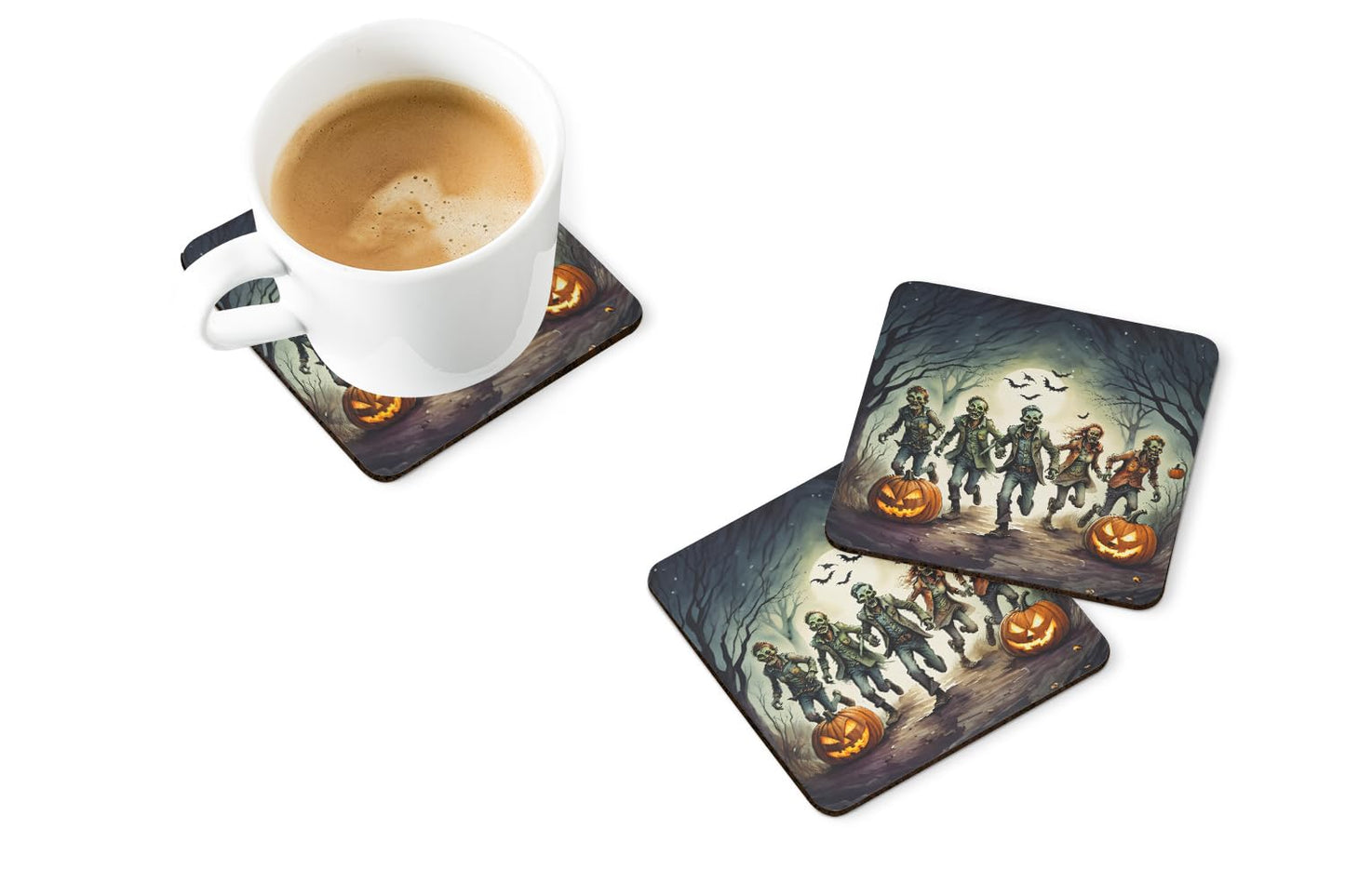 Caroline's Treasures Zombies Spooky Halloween Foam Coaster Set of 4 Cup Coasters for Indoor and Outdoor, Coaster for Tabletop Protection, Anti Slip, Mouse pad Material