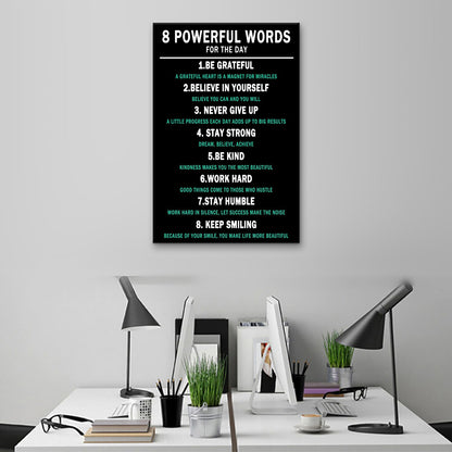 PSYYSP 8 Powerful Words Motivational Framed Canvas Wall Art, Black Teal Inspirational Typography Poster, Daily Affirmation Quote Print for Home Office, Bedroom, Dorm, Study Room Decor, 18x12 Inch