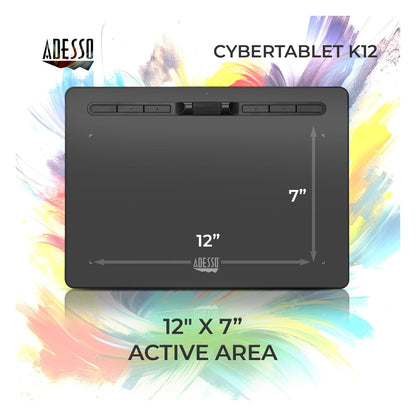 Adesso Large Graphics Drawing Tablet Pad 12 x 7 Inch 8192 Levels Battery-Free Pen, 8 Customizable Keys with Scroll Wheels, Black, Compatible with PC/Mac/Android OS for Painting, Designing, Black