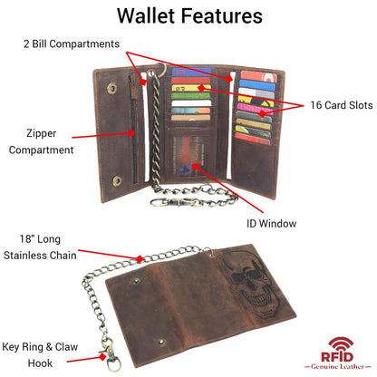 CAZORO Biker Skull Chain Wallet RFID Signal Blocking Men's Vintage Leather Long Tri-fold Chain Checkbook Card ID Wallet (Skull Brown)