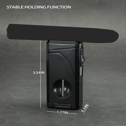 All in One Triple Jet Flame Butane Torch Lighter, Built-in Cutter, Cutter V Cut, Punch, Holder Function, Draw Enhancer Tool, Refillable and Adjustable Windproof Lighter. Black(Sold Without Gas)