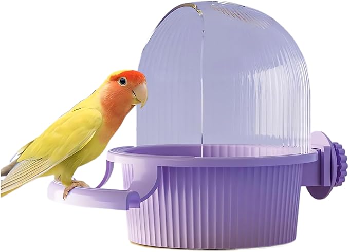 No Mess Bird Feeder for Cage, Parakeet Feeder with Easy Refill Top Hole, Semi Enclosed Dome Design for Food or Water, Prevents Seed Scatter, PC+ABS, Purple (6.5 x 4.9 x 5.4 in)