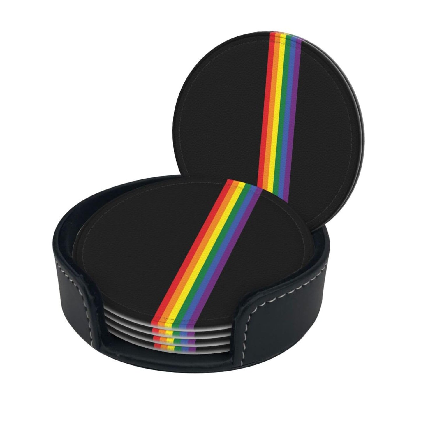 6pcs Rainbow LGBT Gay Pride Drinking Coasters Leather Coaster with Holder Coasters for Coffee Table Kitchen Table Bar, Home Office