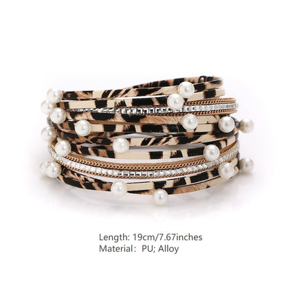Leopard Print Color Multi-layer PU Leather Bracelet Versatile Women's Jewelry Horsehair Leather Bracelet Gifts for Women for Women (Pearl)