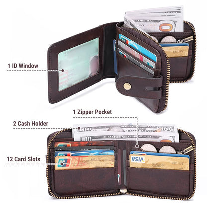 bill heart Men Wallet with Zipper Genuine leather Bifold Purse for Mens ID Window and Coin Pocket…