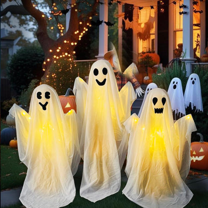 3 Pack Halloween Ghosts Decorations Outdoor,White Cloth Ghosts Stakes with Incandescent Light, Holiday Party Home Haunted House Yard Art, Front Yard Patio Lawn Garden Decor