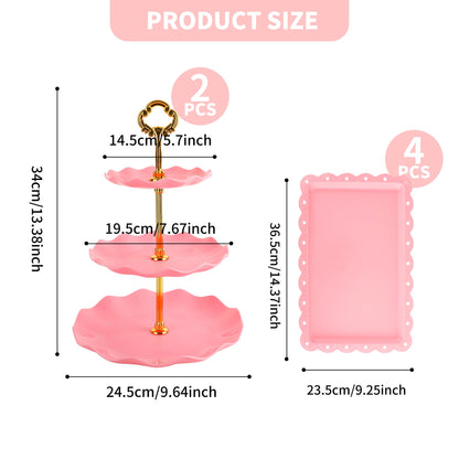 6 Pcs Cupcake Stand Set - Pink Plastic Dessert Table Display Set, 2X Pink Round 3 Tier Cupcake Display Stands Cookie Tray Rack Serving Tower & 4X 14 in Plastic Trays for Wedding Baby Shower Tea Party