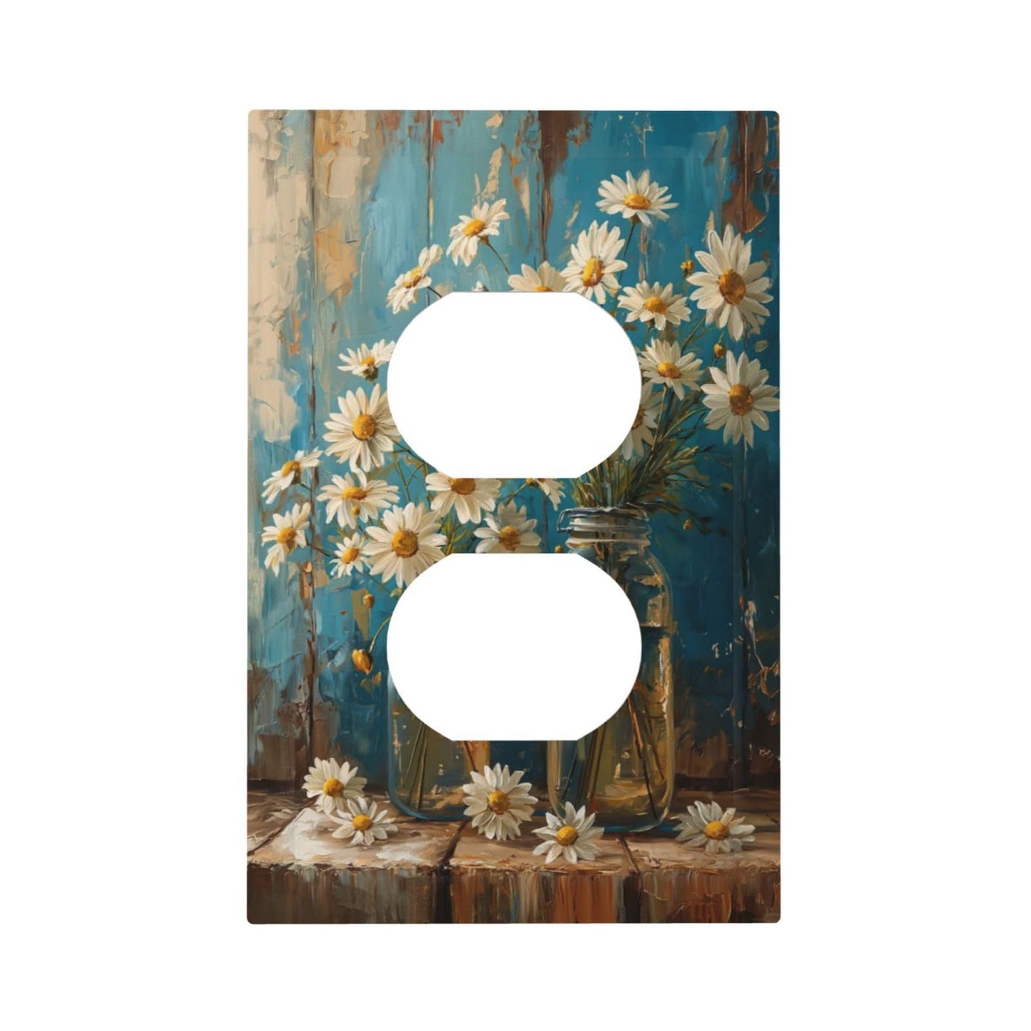 Delicate White Daisy Jars Retro Wood Background Outlet Covers 1 Gang Duplex Light Switch Cover Decorative Switch Plates Electrical Receptacle Faceplate Wall Plate for Farmhouse Home Decor