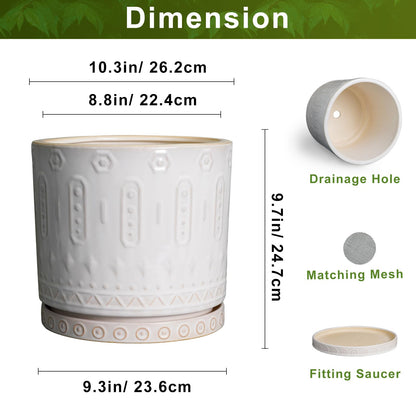 Eightpot Ceramic Planter Pot - 10 Inch Plant Pot for Indoor Outdoor Plants Round Large Flower Pot with Drainage Holes and Saucer for Home Garden Patio Decor White