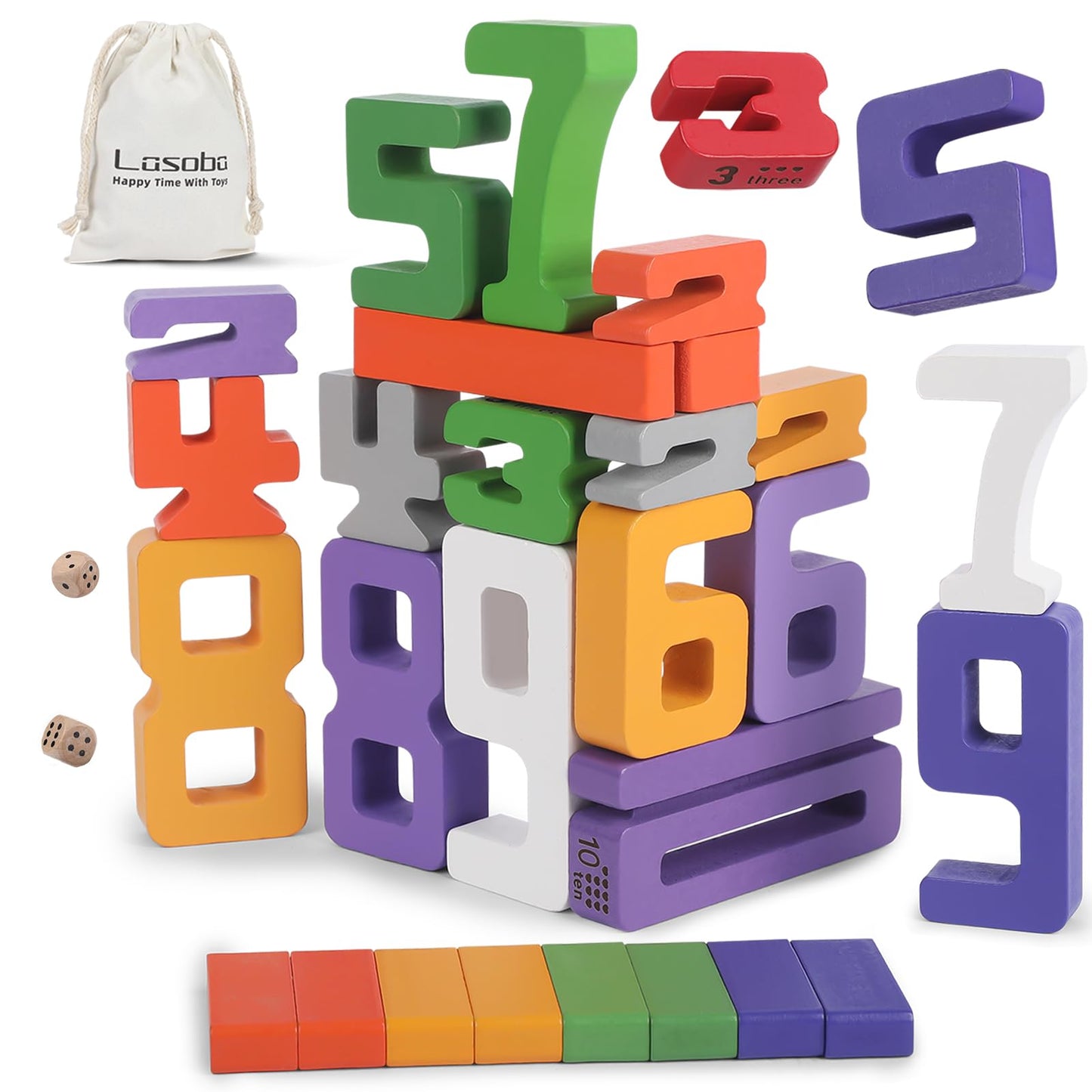 Lasoba Wooden Number Building Blocks, Large Digit Blocks 1-10, 30 Pcs Math Blocks Number Toys for Kids, Educational Blocks for Toddlers, Toys to Learn Numbers for 3 Year Olds +