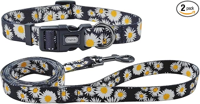 Dog Collar and Leash Set, Cute Daisy Pattern, Polyester Material, 5ft Leash, for Small Dogs.(Small,Black Daisy)