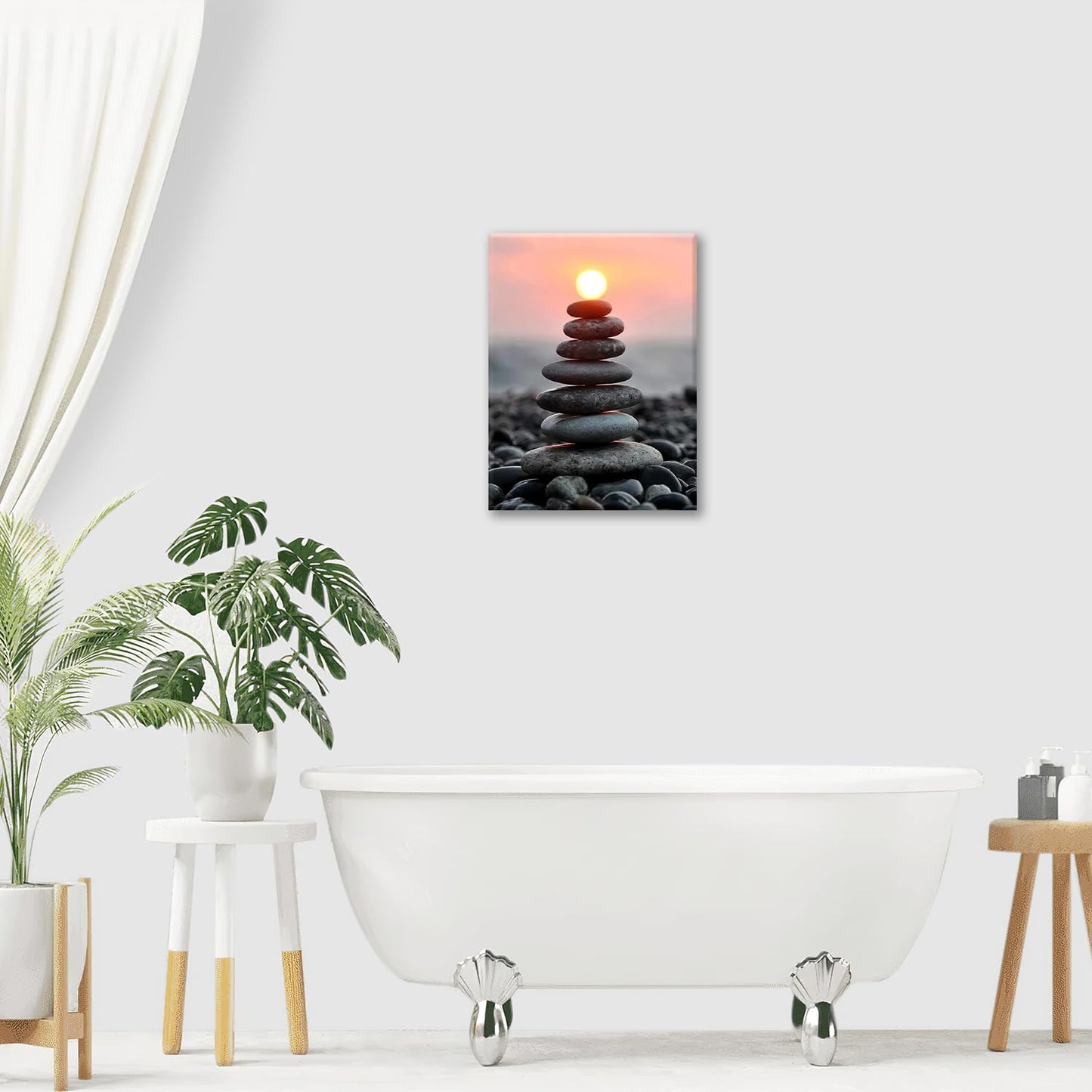 Zen Wall Art Stone Sunrise Pictures Wall Decor Zen Bathroom Decor Canvas Print Framed Artwork Paintings Calming Home Decorations For Spiritual Room Office Living Room Bedroom 12"x16"