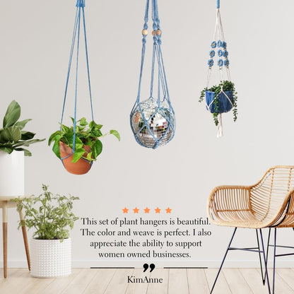 Set of 3 Macrame plant hangers with Daisies & Beads Hanging plant holder Macrame Plant hangers outdoor and indoor hanging planters Plant stand indoor Boho Decor hanging planter stand (Cloudy Day)