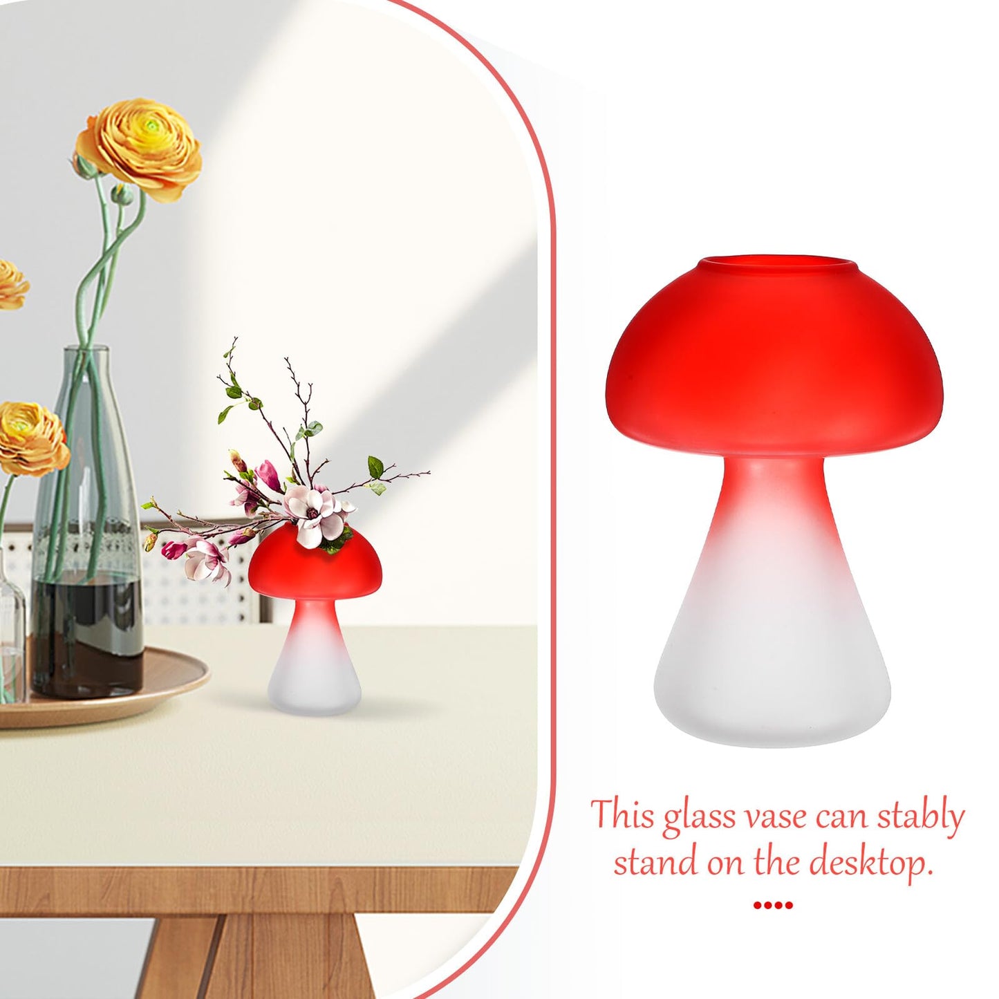 Yardenfun Mushroom Shaped Glass Vase Planter Crimson Desktop Flowerpot Hydroponic Plant Container Decorative Home Garden Terrarium