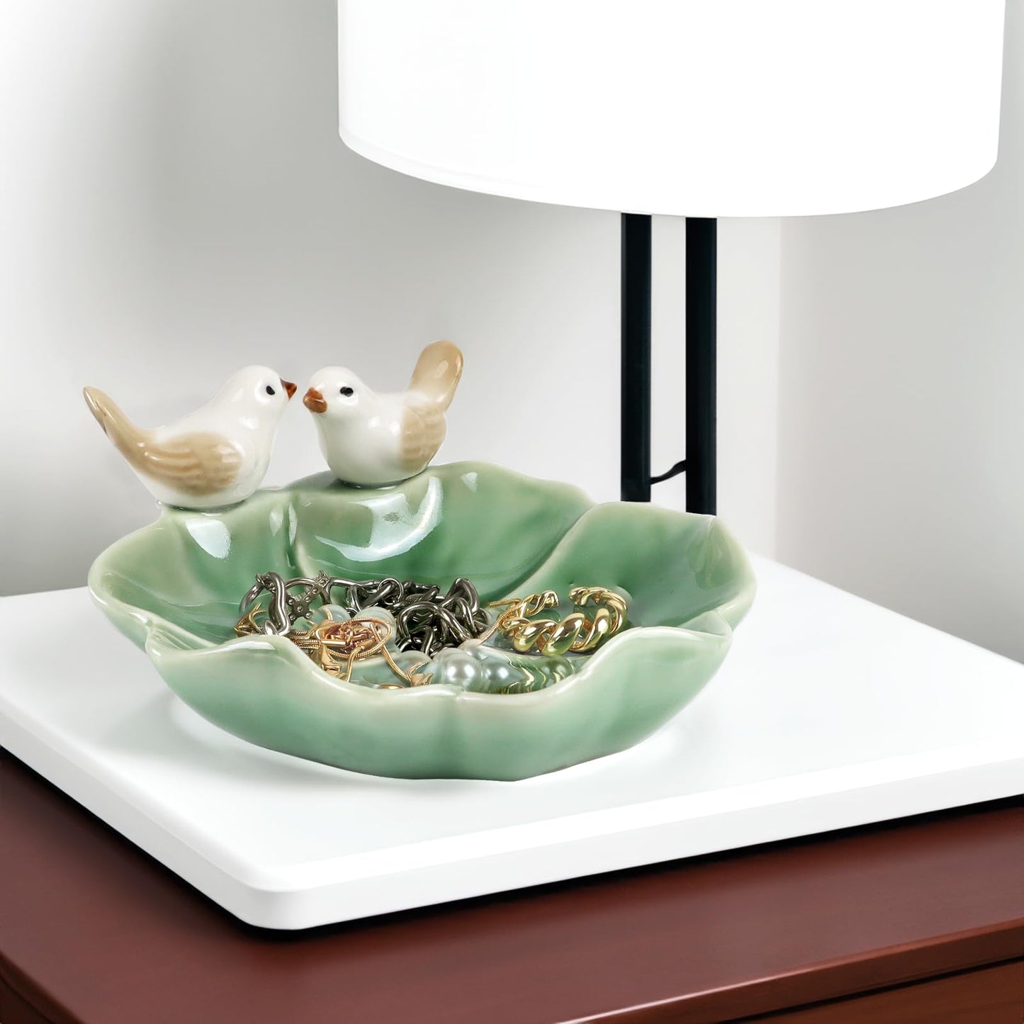 Fordonral Ceramic Jewelry Tray Trinket Dish Decorative Cute Bird & Lotus Leaf Ring Holder Dish Aesthetic Room Vanity Decor (Green)