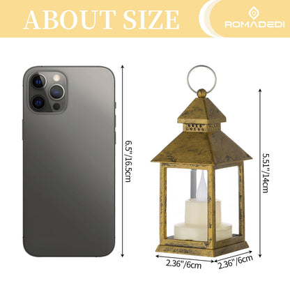 Romadedi Mini Lanterns Decorative for Centerpiece -10 PCS Hanging Small Gold Lantern Bulk with Flickering LED Candles for Wedding Table Decor Halloween Decorations Christmas, Batteries Included