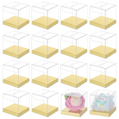 BENECREAT 30 Pcs Clear Gift Boxes, 2.4x2.4x2.4 Inch Folding PVC Favor Boxes with Gold Paper Card Base for Wedding Birthday Party Festival Gift Packaging