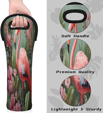Flamingo Tropical Flowers Wine Bag Single Bottle Wine Tote Bag Neoprene Wine Carrier Bags with Carry Handle Portable Wine Bottle Holder for Travel Party Picnic
