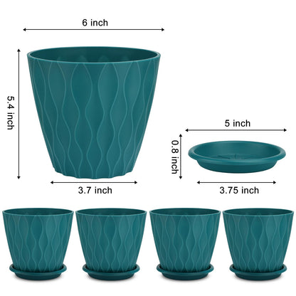 YNNICO 6 inch Plant Pots, 5 Pack Flower Pots Outdoor Indoor, Planters with Drainage Hole and Tray Saucer(Blue