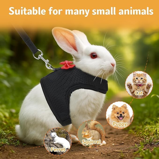Grey Rabbit Harness and Leash Set, with Cute Bow Soft Breathable Mesh Bunny Vest Harness for Rabbits Kitten Ferret Puppy Small Pets Walking, L