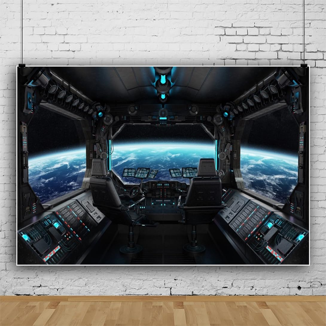 ZJRBJB 10x8ft Spaceship Station Interior Backdrop Outer Space Earth Futuristic Spacecraft Cabin Decorations Background Galaxy Universe Science Fiction Astronaut Adventure Birthday Banner Photo Booth