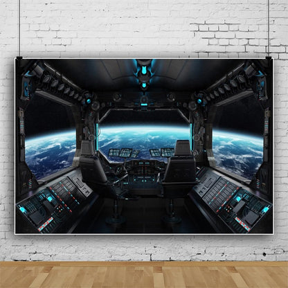 ZJRBJB 10x8ft Spaceship Station Interior Backdrop Outer Space Earth Futuristic Spacecraft Cabin Decorations Background Galaxy Universe Science Fiction Astronaut Adventure Birthday Banner Photo Booth
